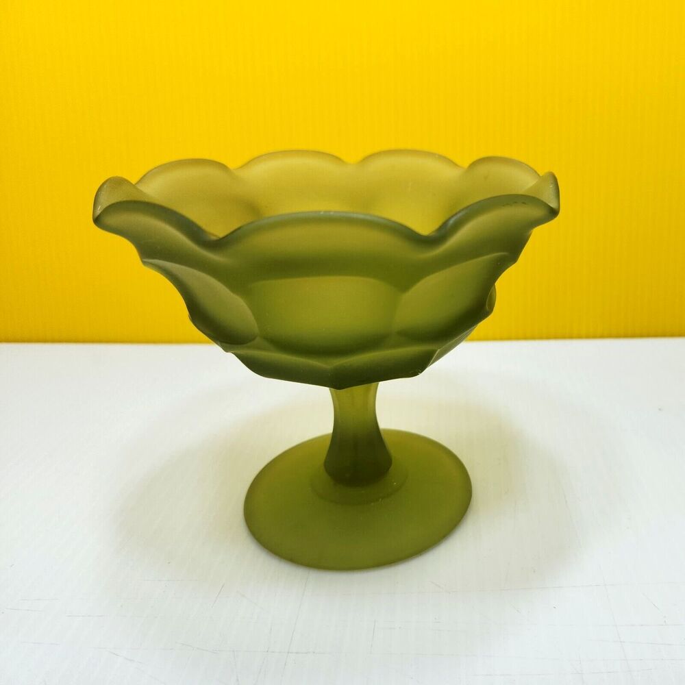 Vintage Green Satin Glass Pedestal Candy Dish 4.5" Tall